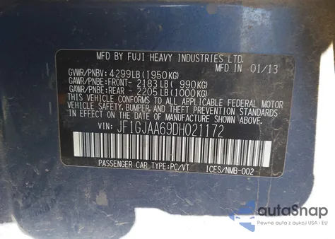 2013 Subaru Impreza 2.0I из США, поврежденный, VIN JF1GJAA69DH021172